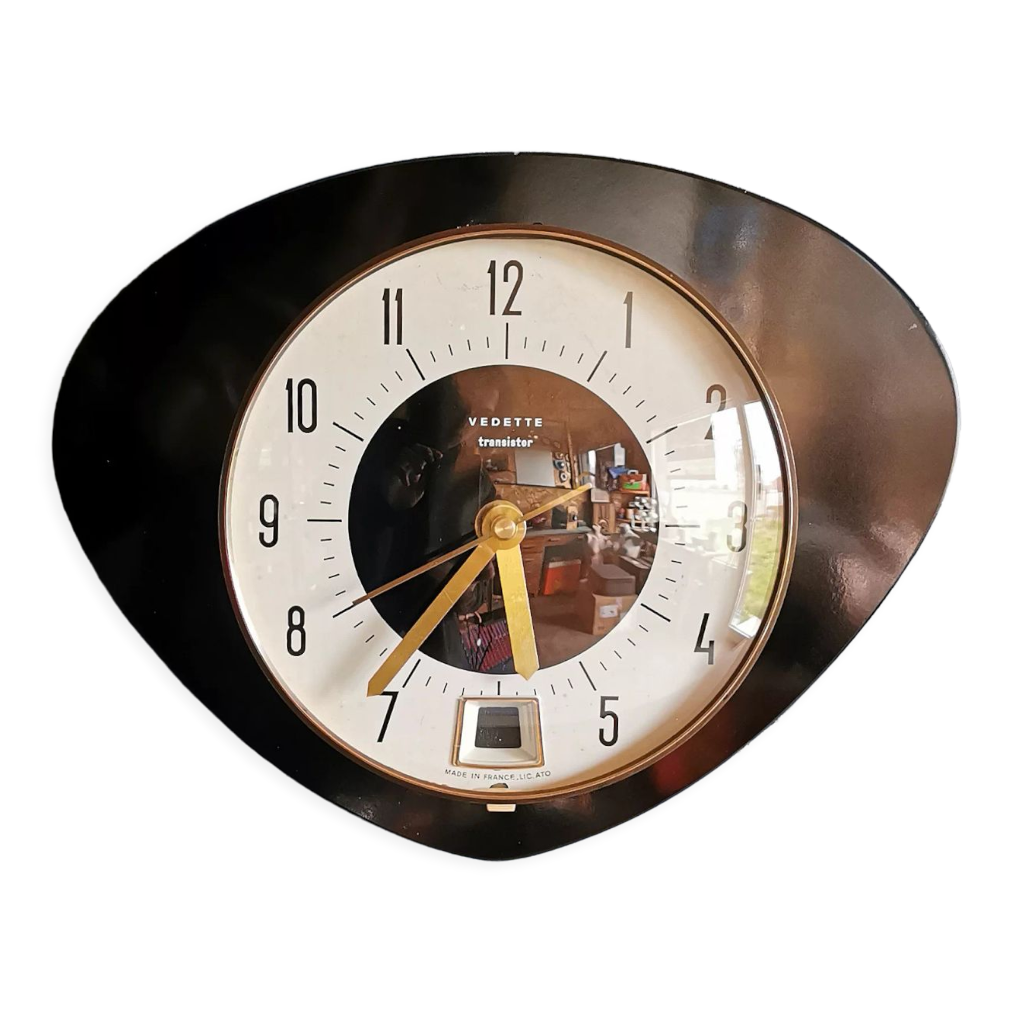 Vintage formica clock silent trapezoid wall clock "Black transistor star"