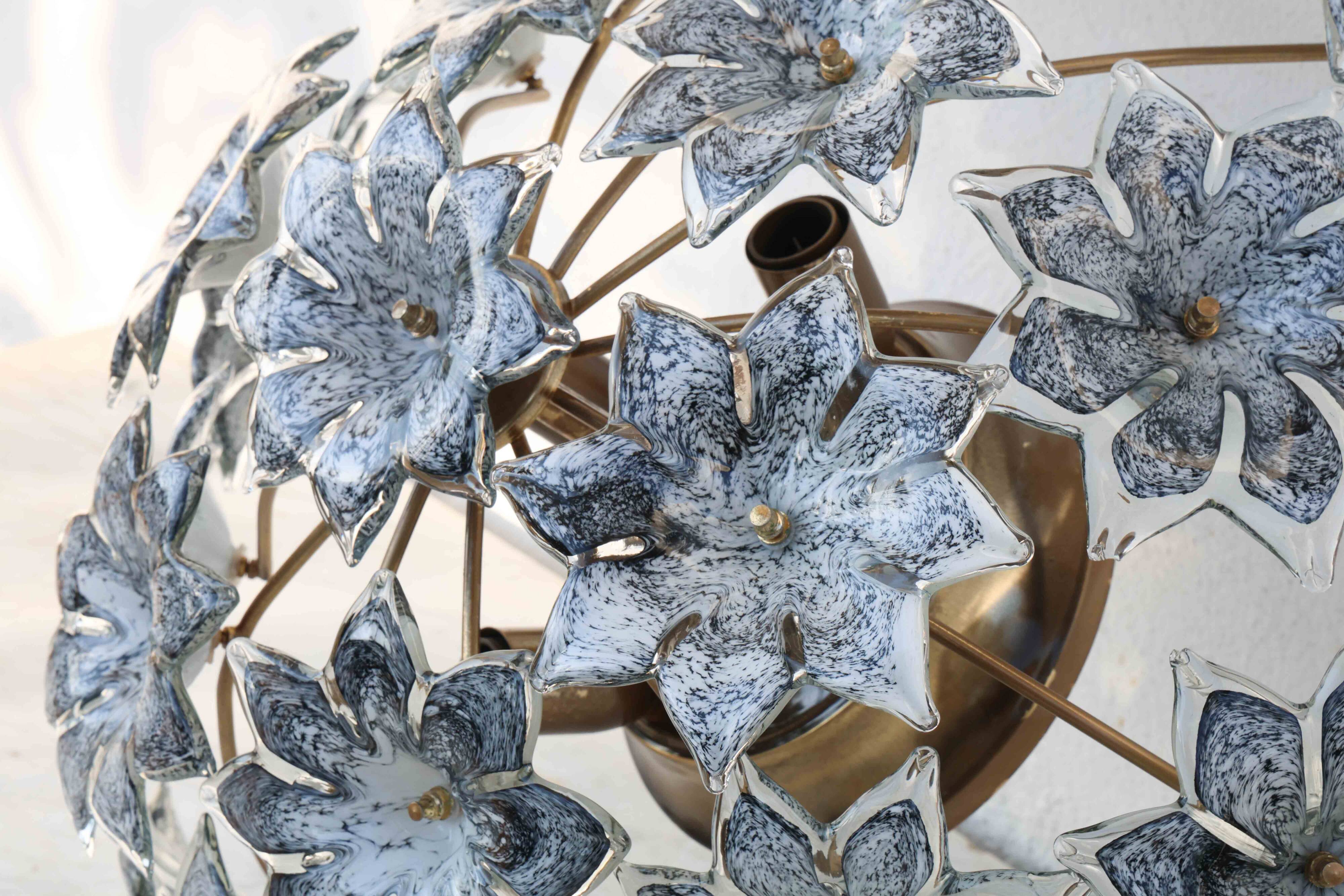 Large Murano Vintage Ceiling Light Black Flowers, 1970s