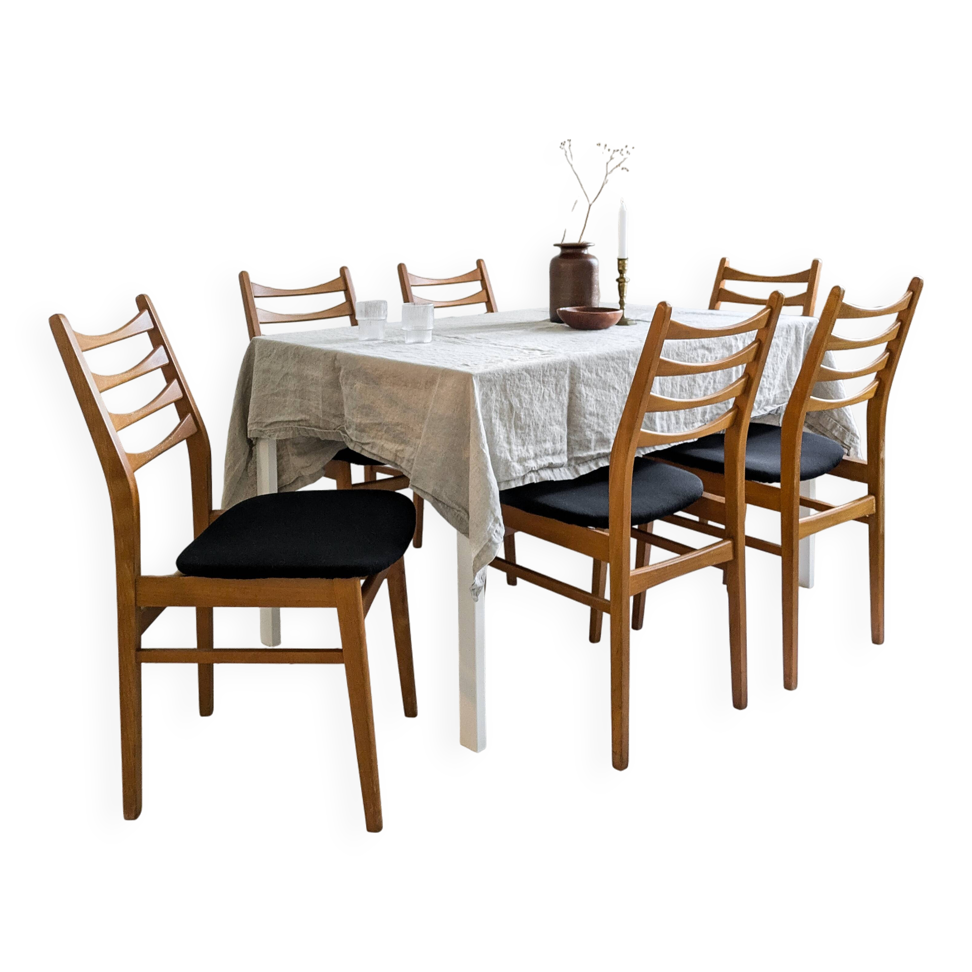 Lot de 6 chaises vintage bois assise tissu, style Mid-Century scandinave