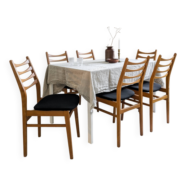 Lot de 6 chaises en bois du milieu du siècle Chaise de bar de design danois Revêtement noir vintage MCM Re