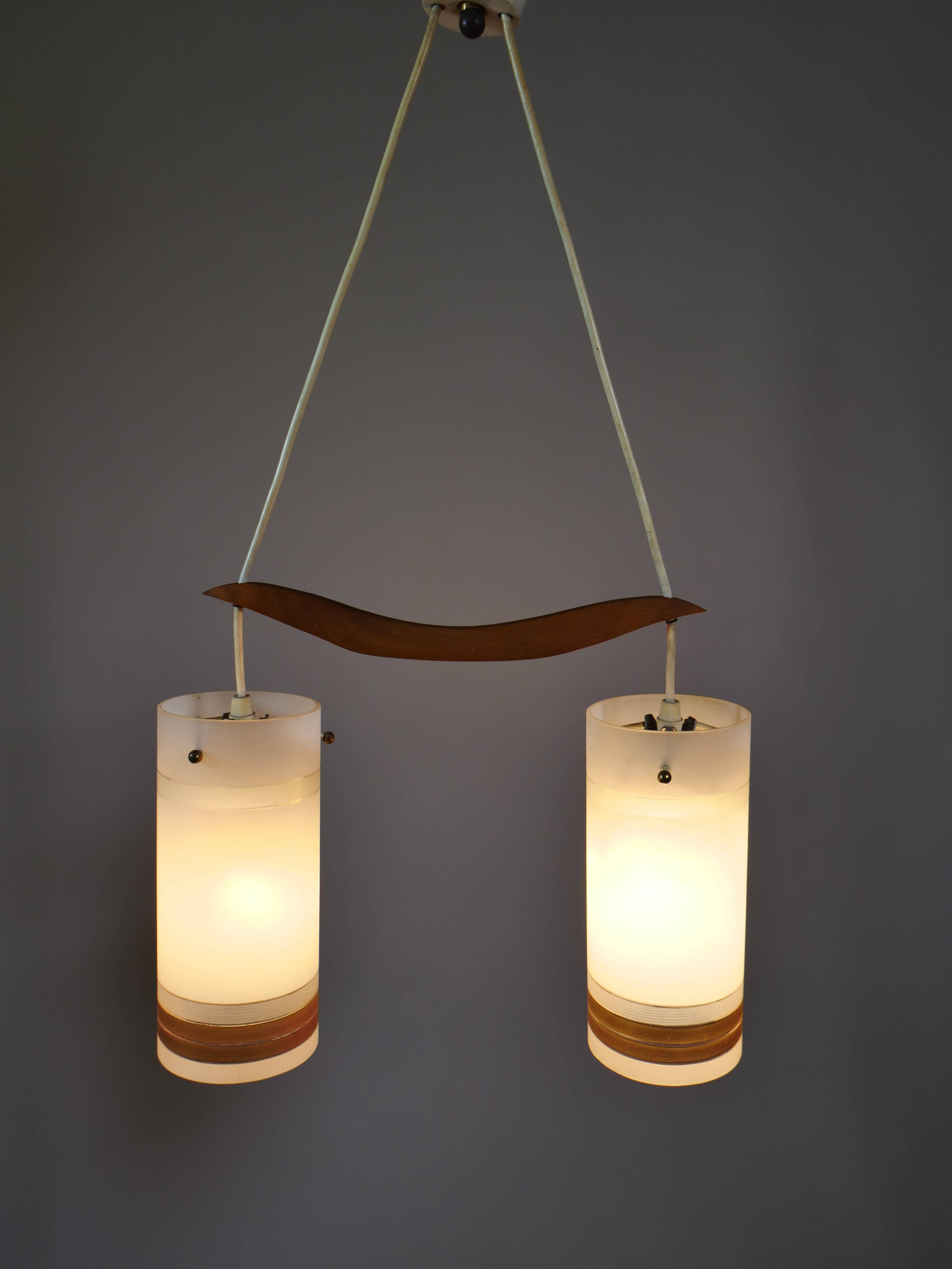 Mid-Century Teak and Opaline Glass Pendant Lamp, 1960s