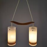 Mid-Century Teak and Opaline Glass Pendant Lamp, 1960s
