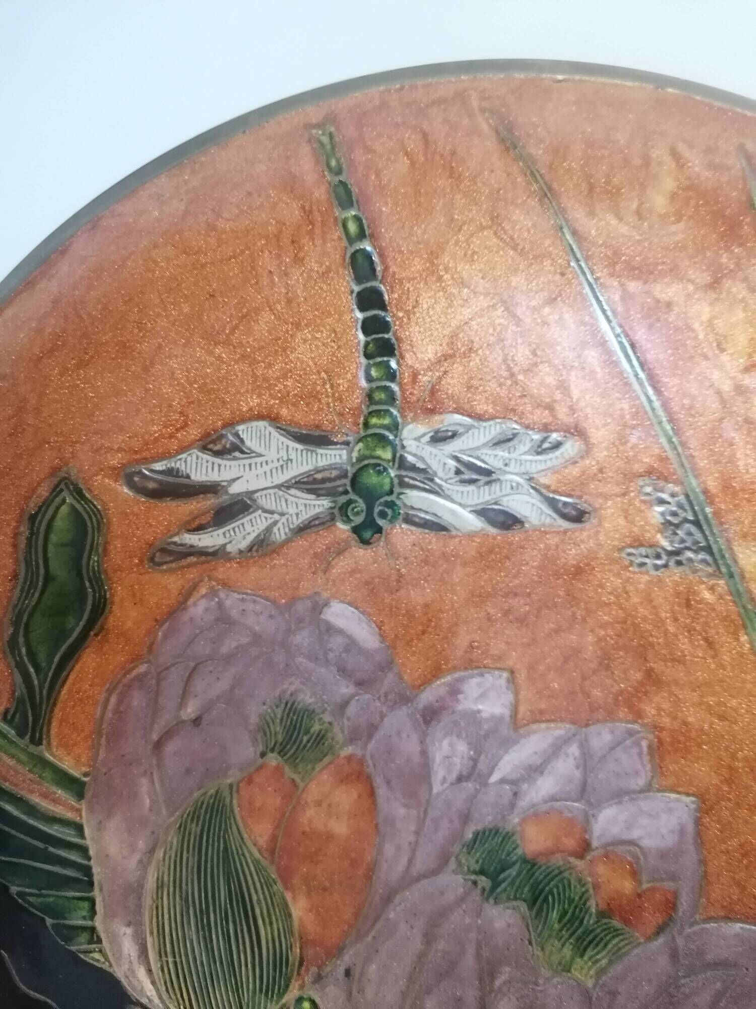 Enamelled brass compote with dragonfly decoration.