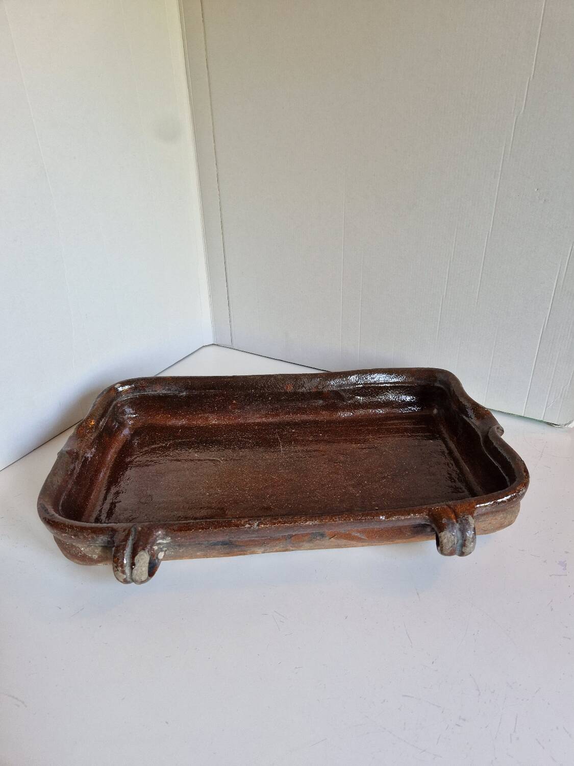 Ancien Plat À Jus Lechefrite 19e Terre Cuite Vernissée Art Populaire