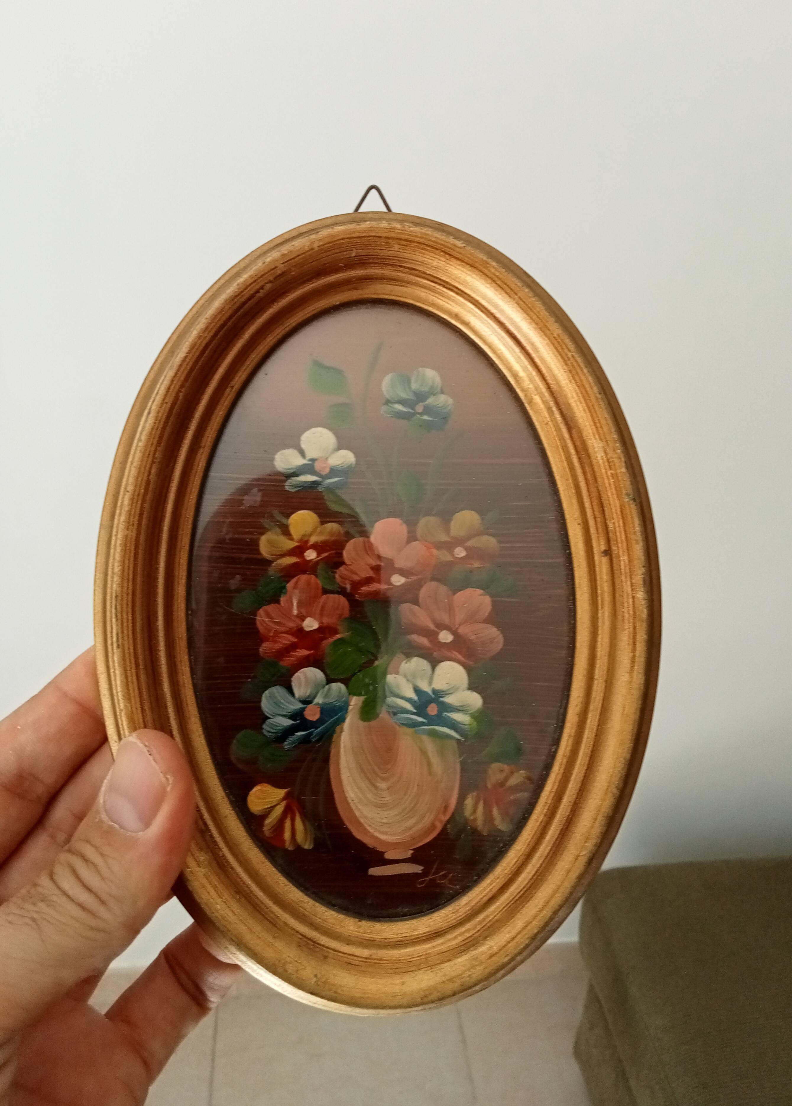 Vintage miniature painting oil painting under glass