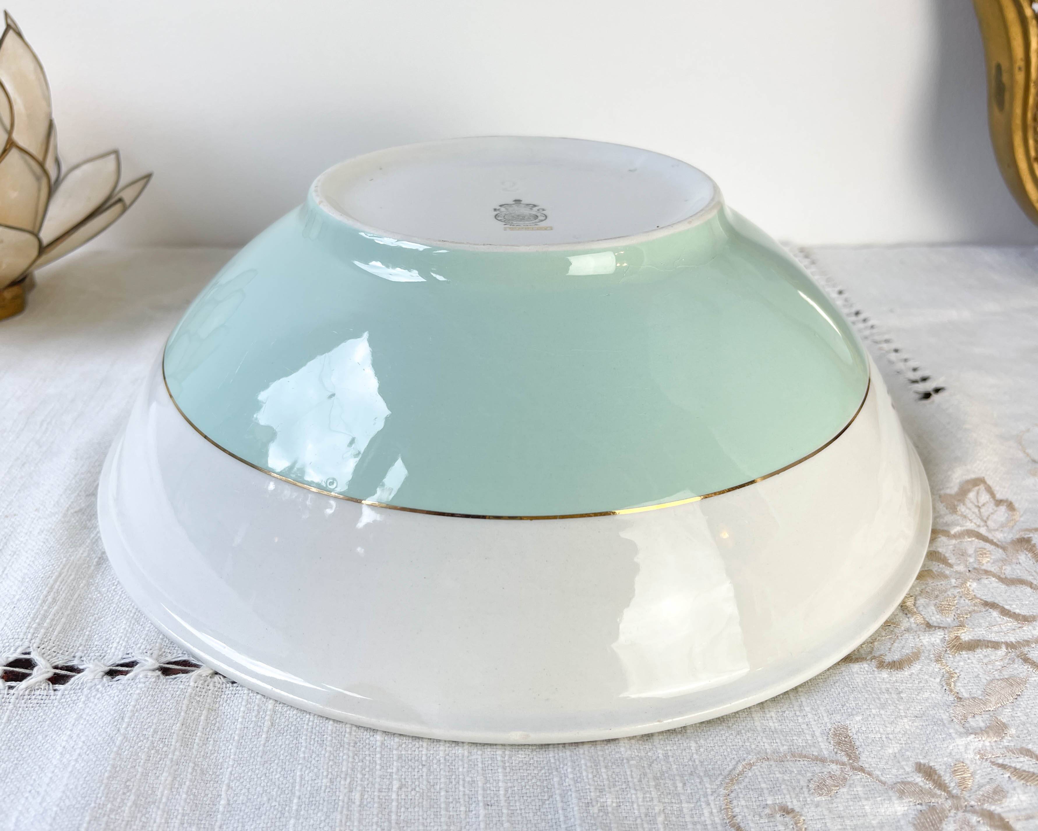 Vintage white and green porcelain salad bowl, Luneville, Epinay, France, 1950s