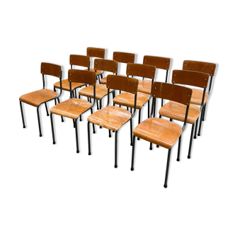 Set of 12 school chairs wood honey / green of gray, Netherlands, 60s