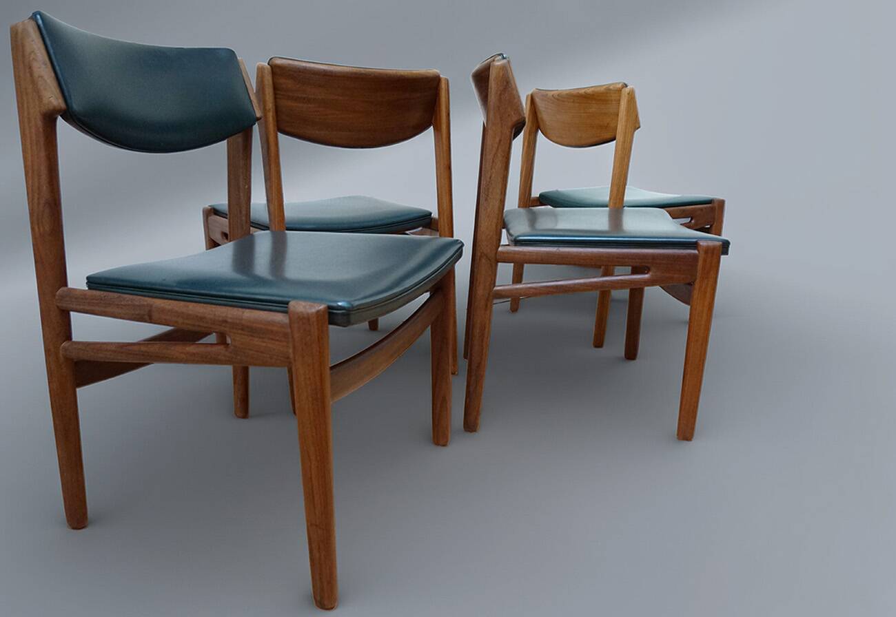 Set of 4 Scandinavian Teak and Green Leatherette Dining Chairs