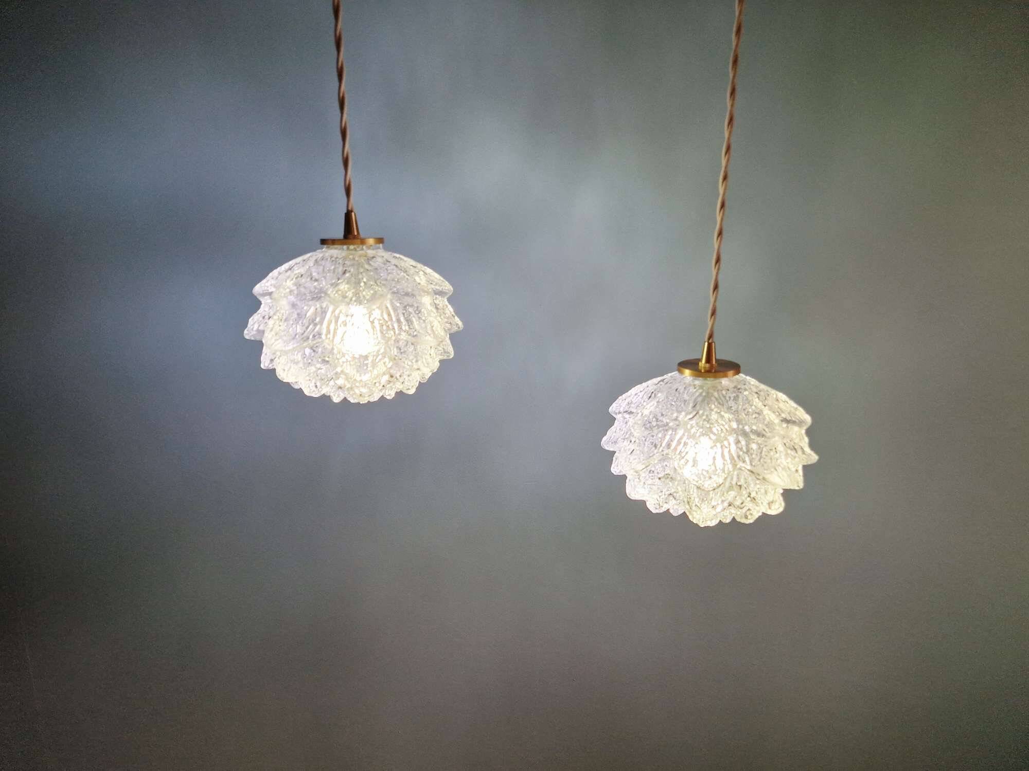 Pair of frosted glass pendant lights, artichoke-shaped, 1960s.