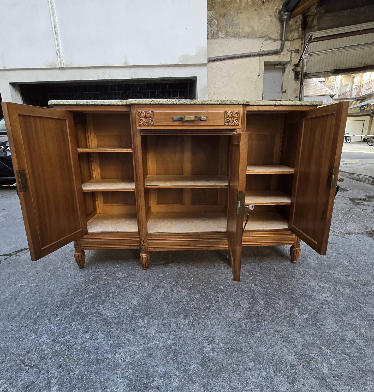 Solid wood carved sideboard with marble top, Art Nouveau style