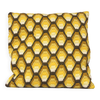 Coussin brodé vintage jaune et marron