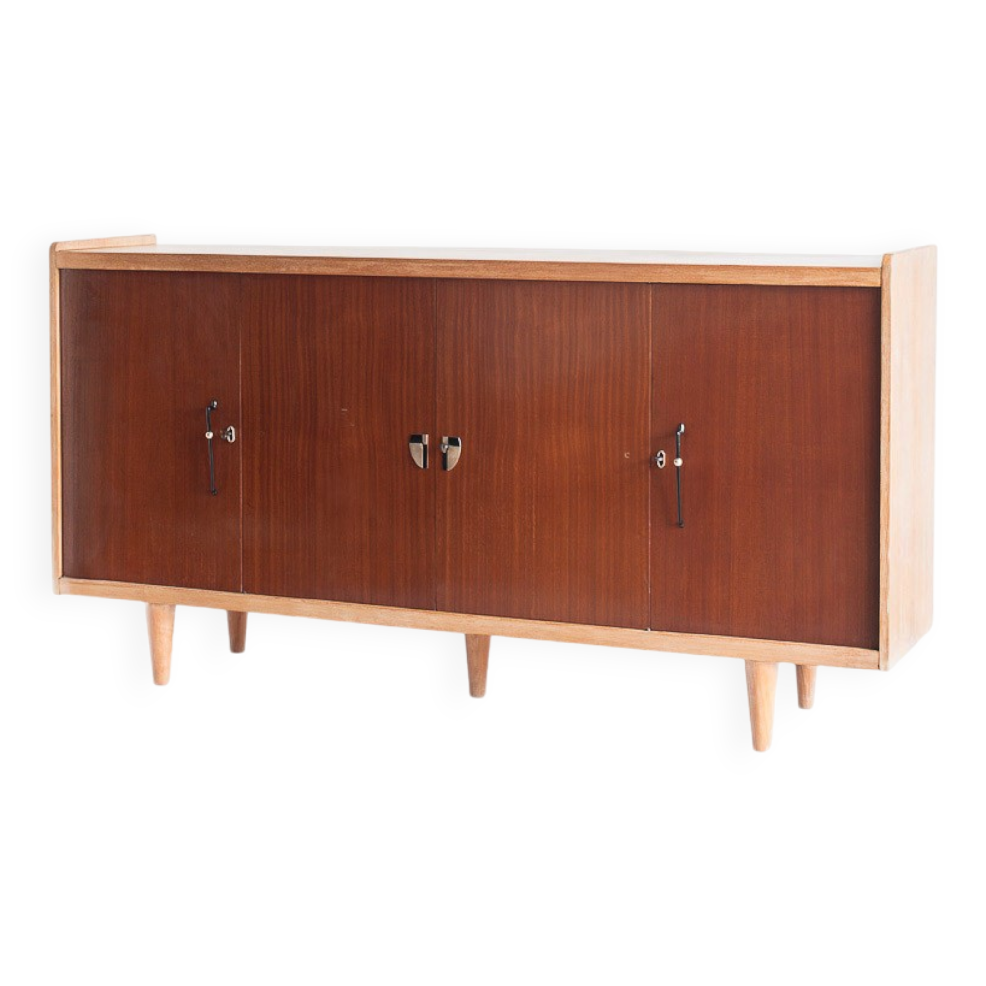 Vintage high buffet. Oak and mahogany veneer, France, 1960s.