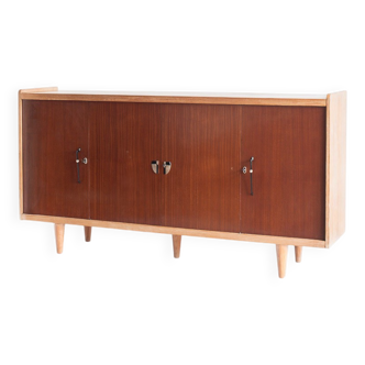 Vintage high sideboard. Oak and mahogany veneer wood, France, 1960s