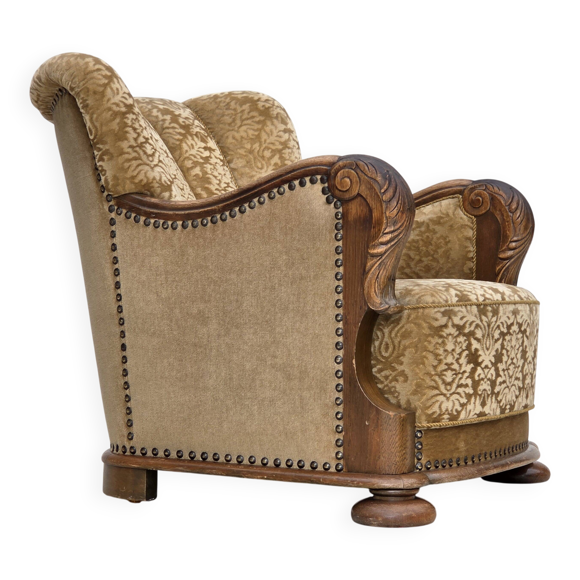 1950s, Danish relax armchair, furniture velour, carved oak wood.