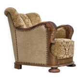 1950s, Danish relax armchair, furniture velour, carved oak wood.