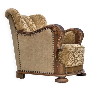 Fauteuil relax danois des années 1950, velours de mobilier, bois de chêne sculpté.