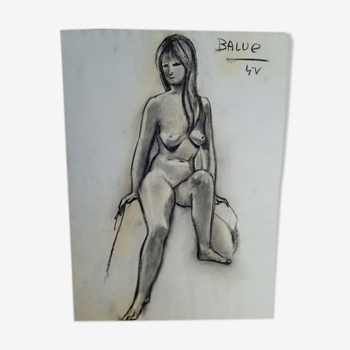Drawing sketch, nude charcoal, 1950/60 signed