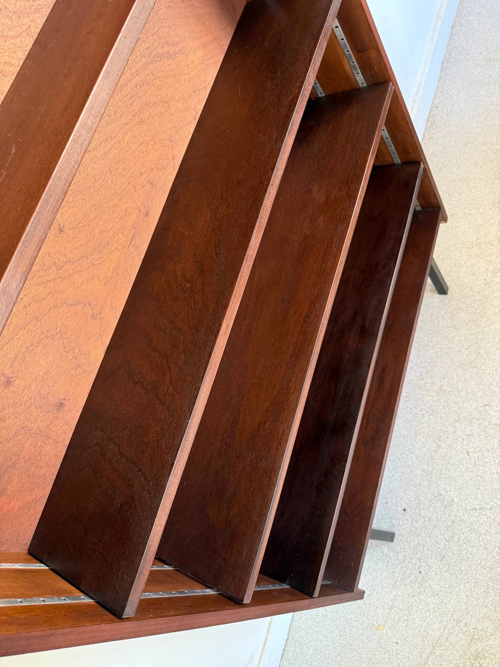 Vintage veneer bookcase with metal legs
