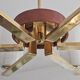 Lustre Mid Century Modern with 6 brass arms, teak, and frosted glass.