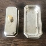 Silver-plated butter dish with golden hazelnut