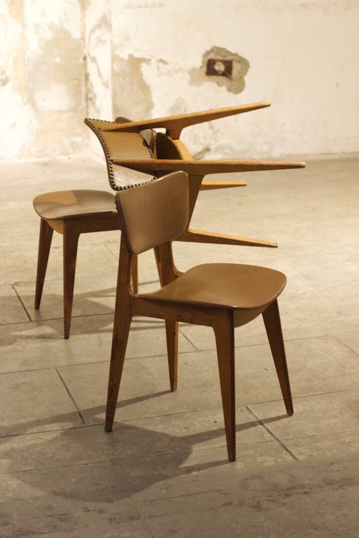 Trio of vintage 6157 chairs by Roger Landault leather and wood 1950
