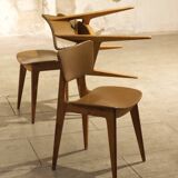 Trio of vintage 6157 chairs by Roger Landault leather and wood 1950