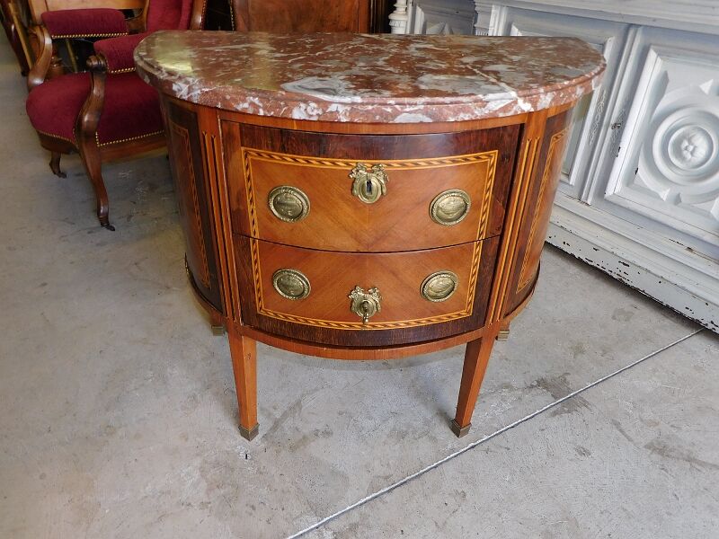 Chest of drawers half moon in marquetry 2 drawers marble top late nineteenth century
