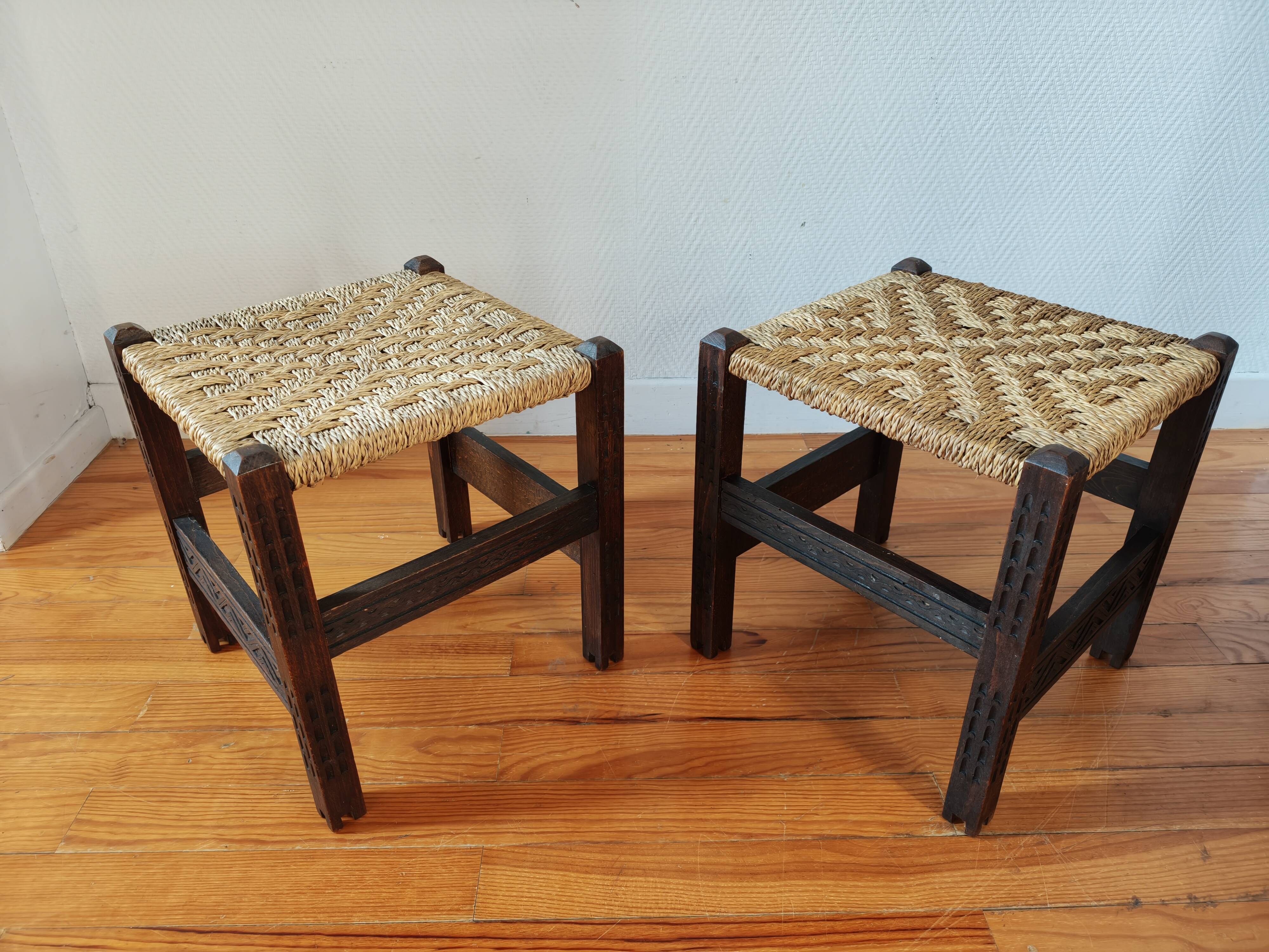 Pair of handcrafted stools from Friuli in carved wood, Italy, circa 1960.