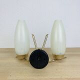 50s double-light wall light, brass and black metal, opaline tulips