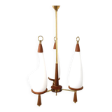 Vintage teak chandelier with white glass shades, 1960s