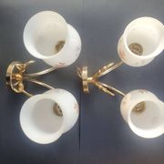 Pair of vintage wall sconces in gilded brass and pink opaline glass.