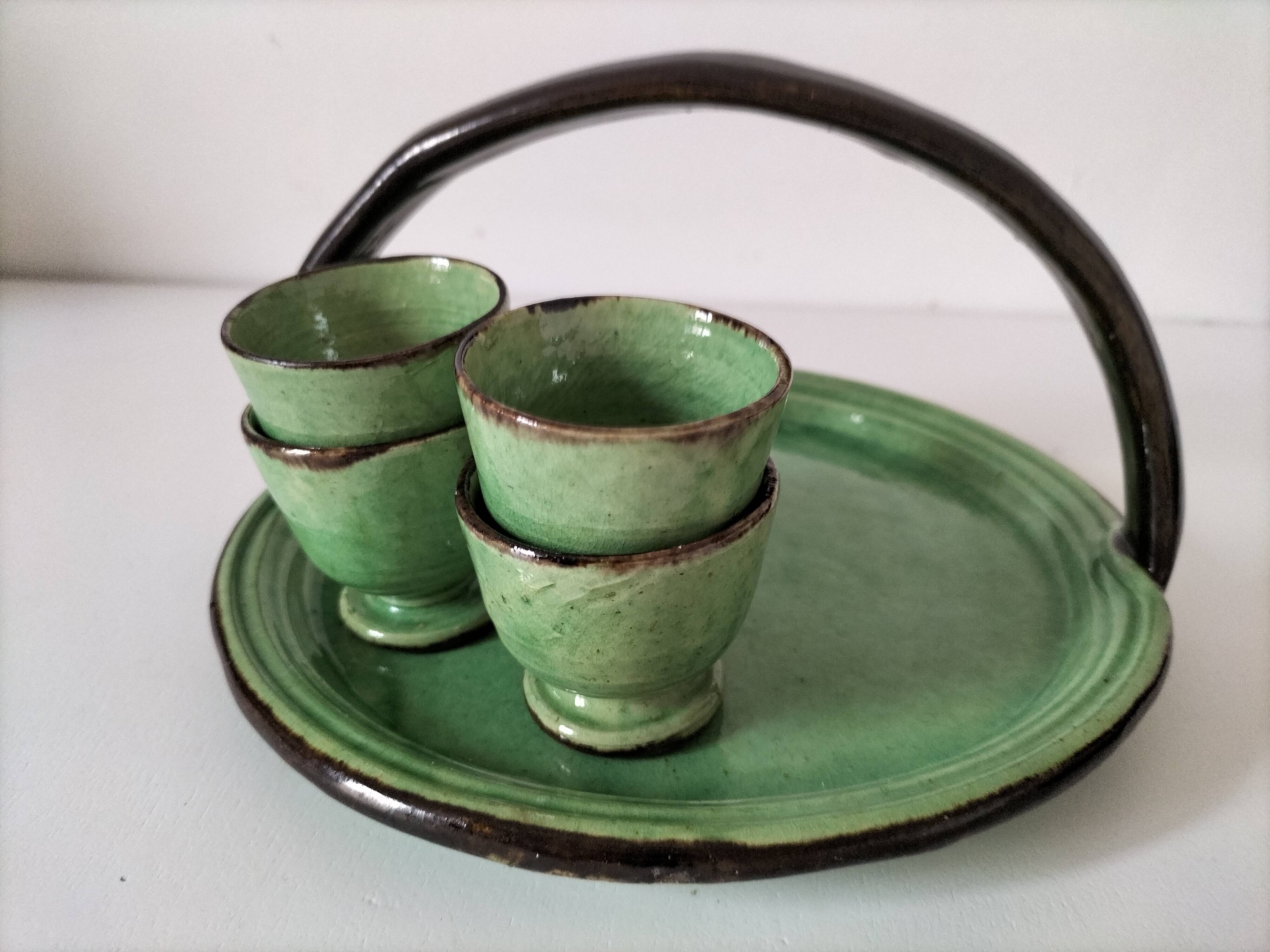 Plateau and its 4 ceramic workshop bowls - green Geneva