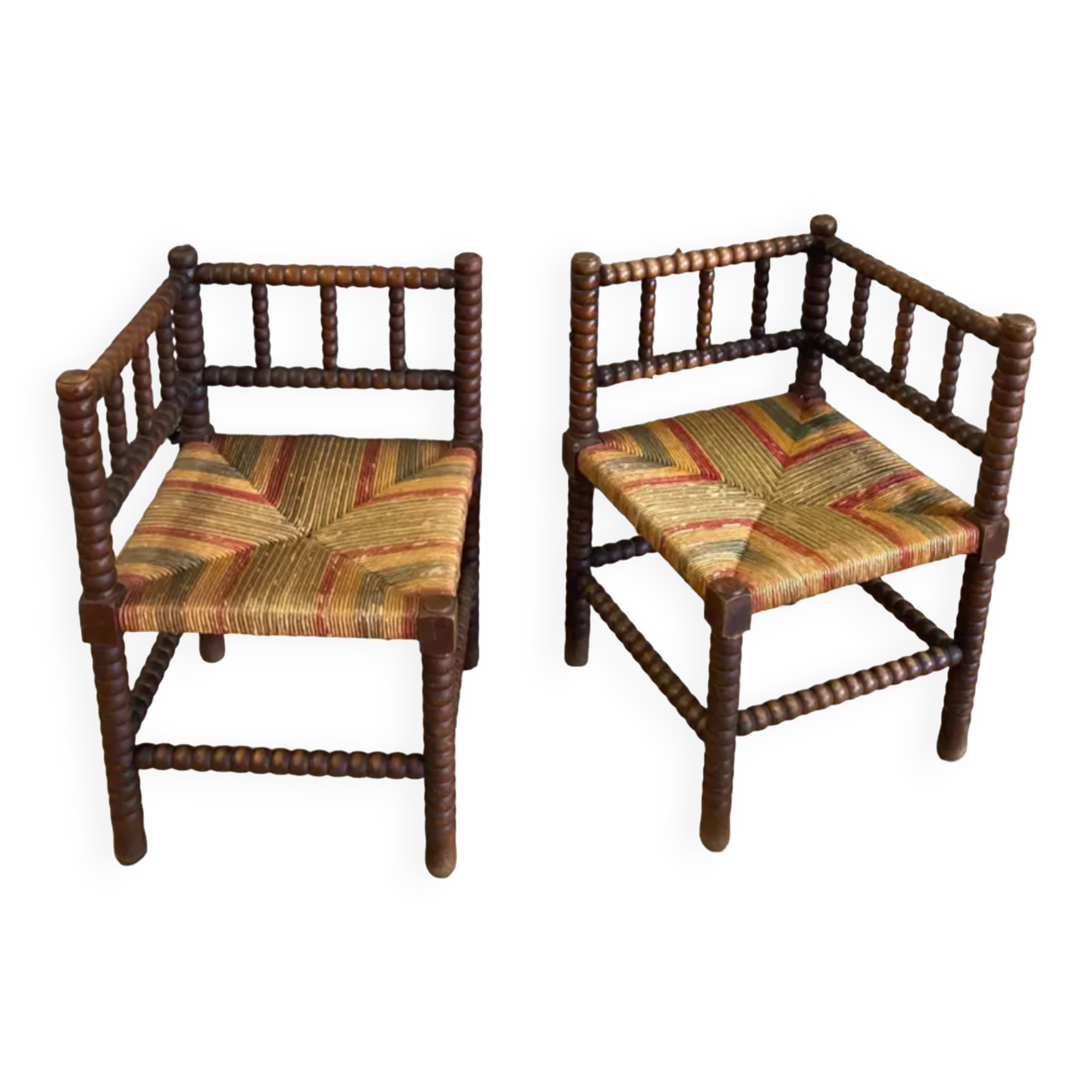 Pair of corner armchairs paillés in turned wood antique multicolored seat