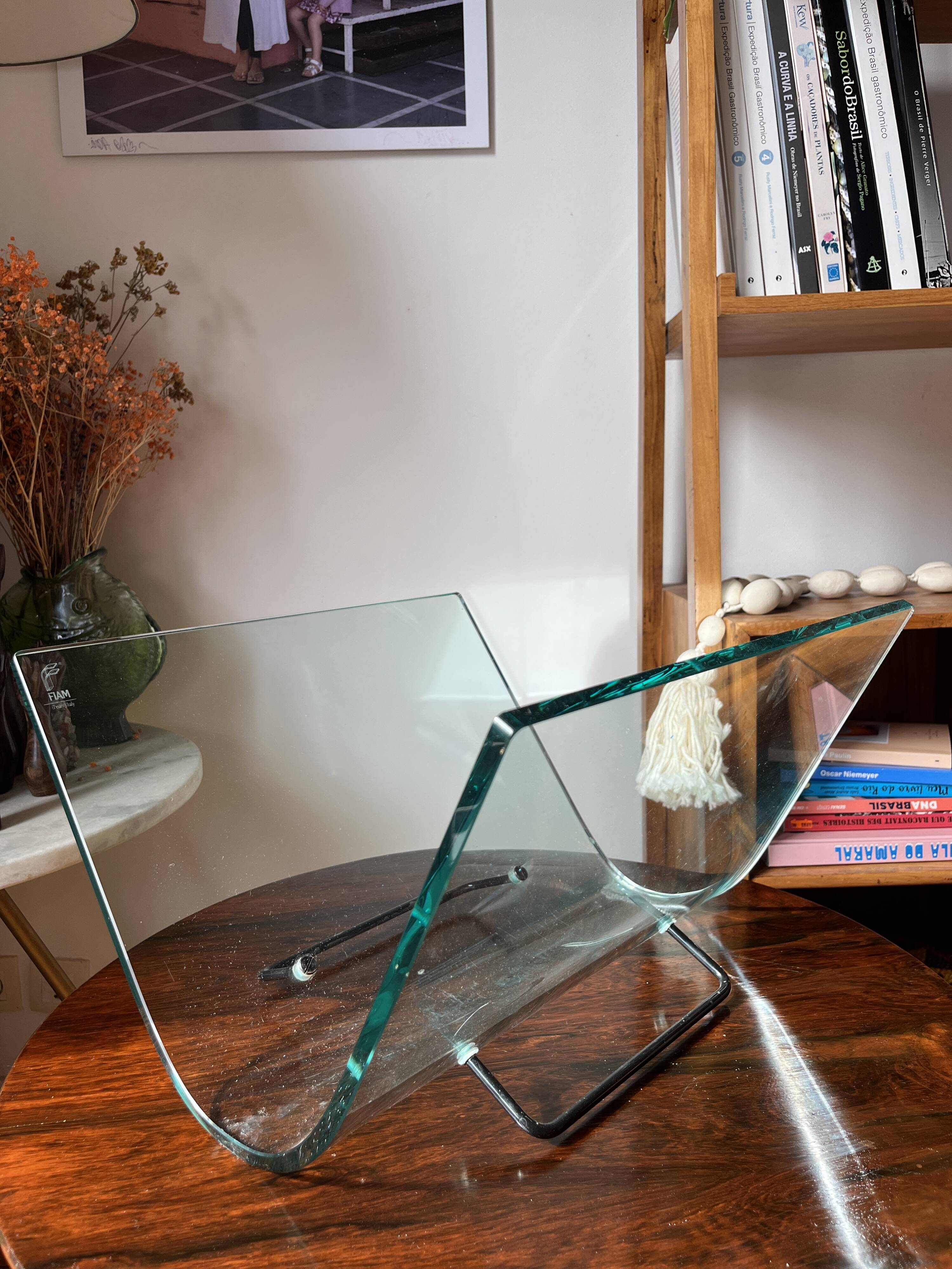 Post-modern Italian magazine rack FIAM glass and metal
