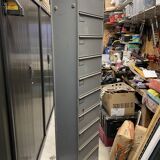 Industrial metal workshop desk storage unit with 10 flaps, 1950s.