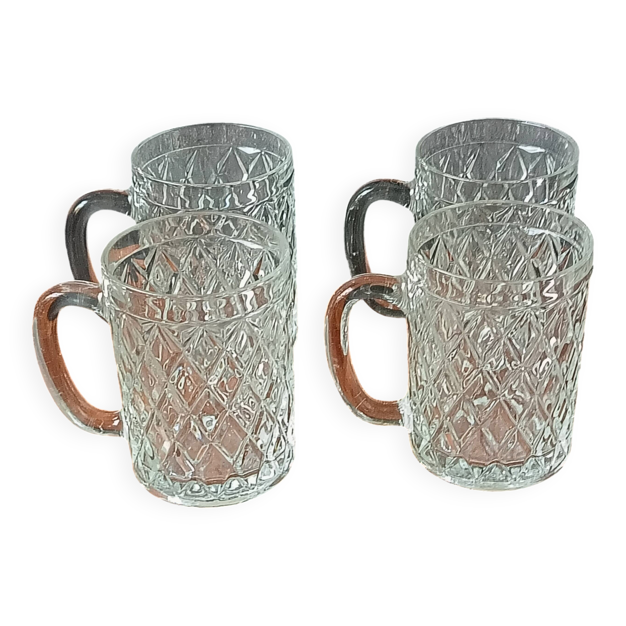 4 vintage beer mugs with a nice design in thick glass, old pint 30 cl.