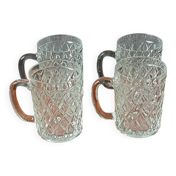 4 chopes à bière vintage joli design en verre épais, pinte ancienne 30 cl