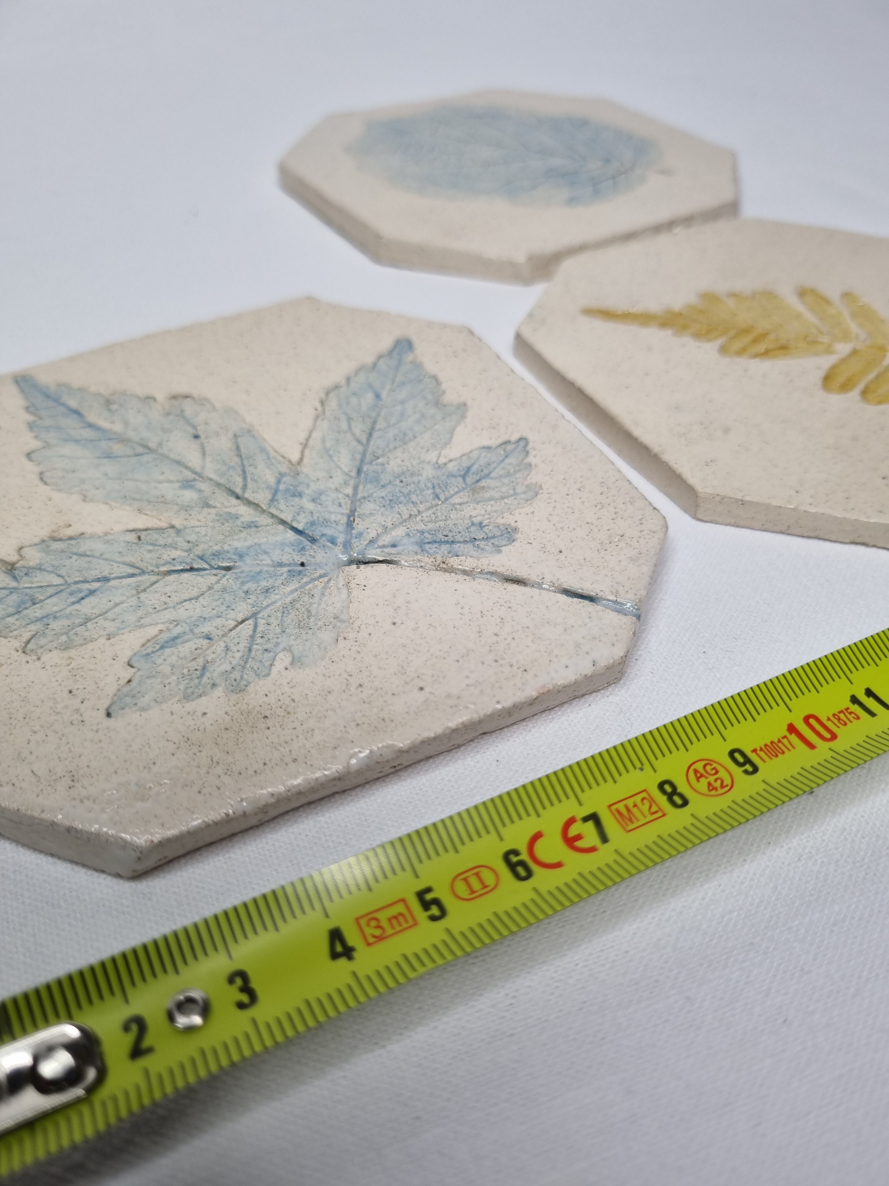 Three enamelled ceramic under glass, footprints of plants from Canada