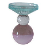 Bougeoir sculptural en verre rose et bleu givré