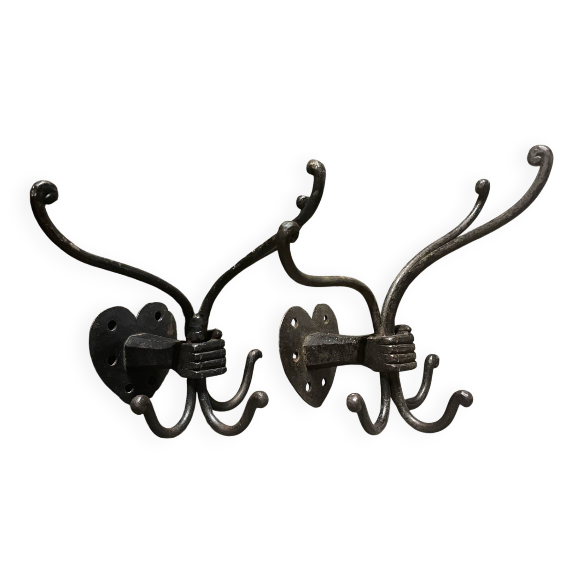 Brutalist pair of wall-mounted coat hooks.