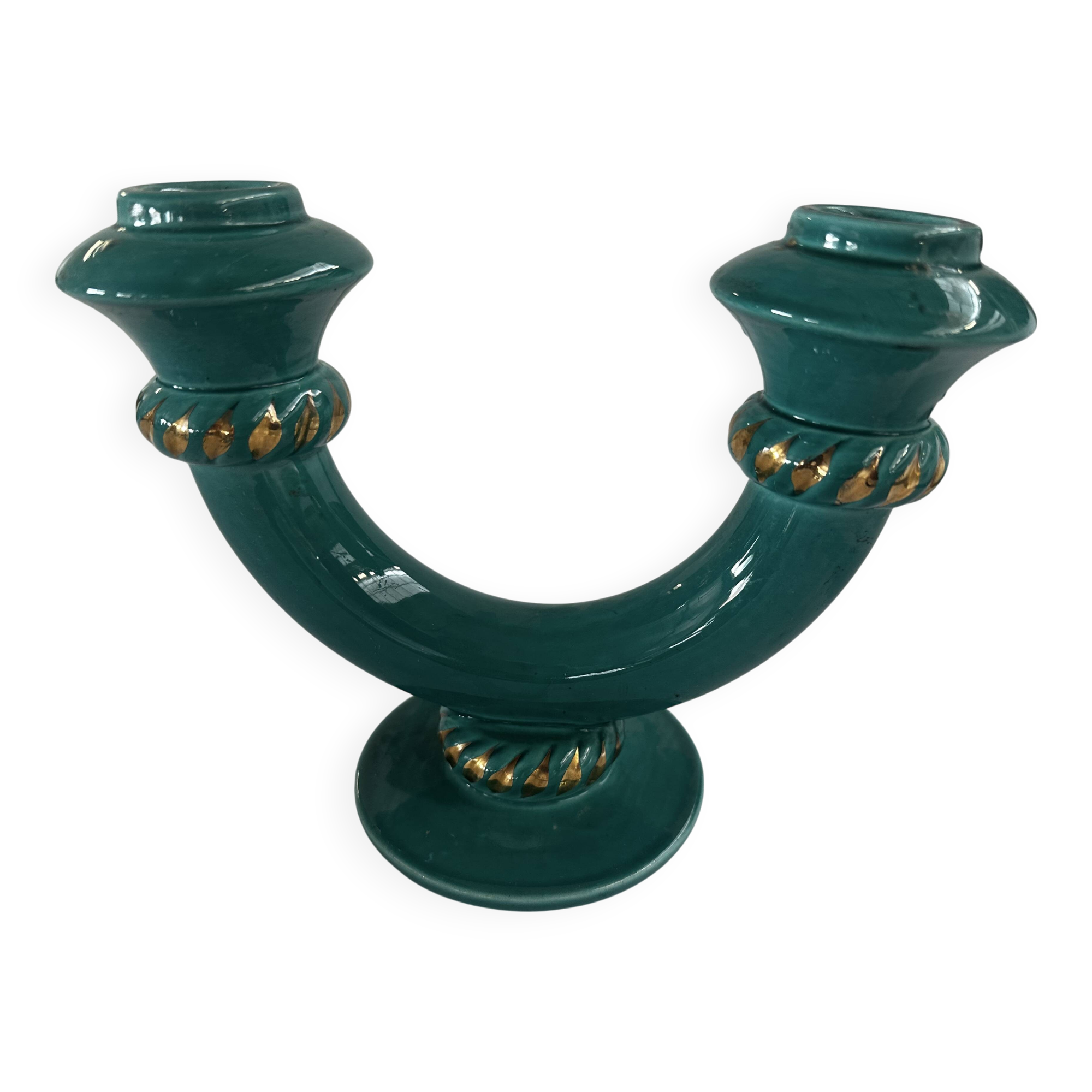 Art Deco candlestick in green and gold glazed ceramic, attributed to Vallauris