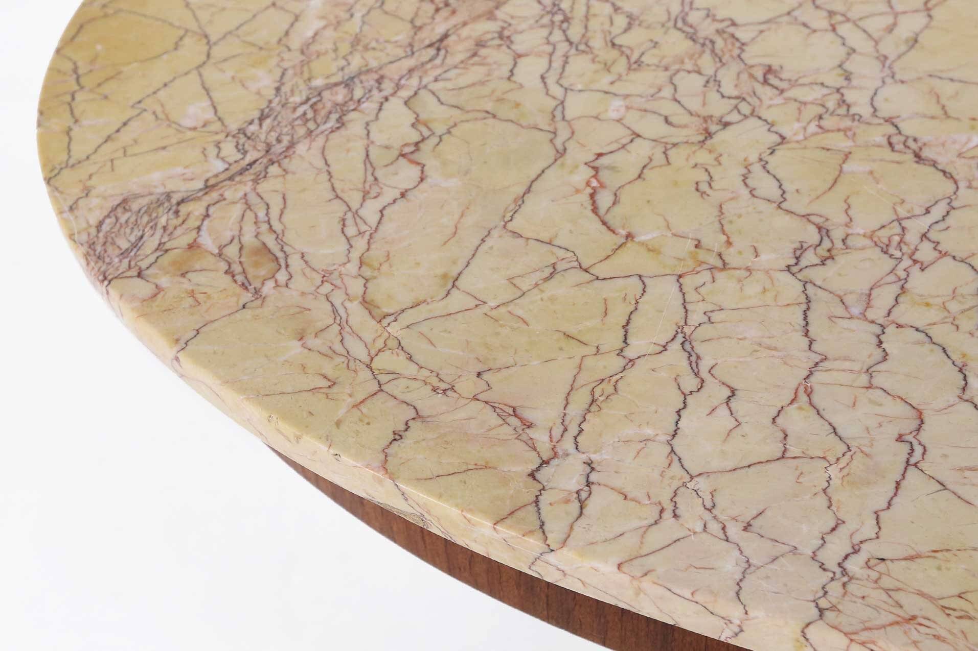 Art Deco side table by De Coene Freres with wood inlay and marble top, 1930s