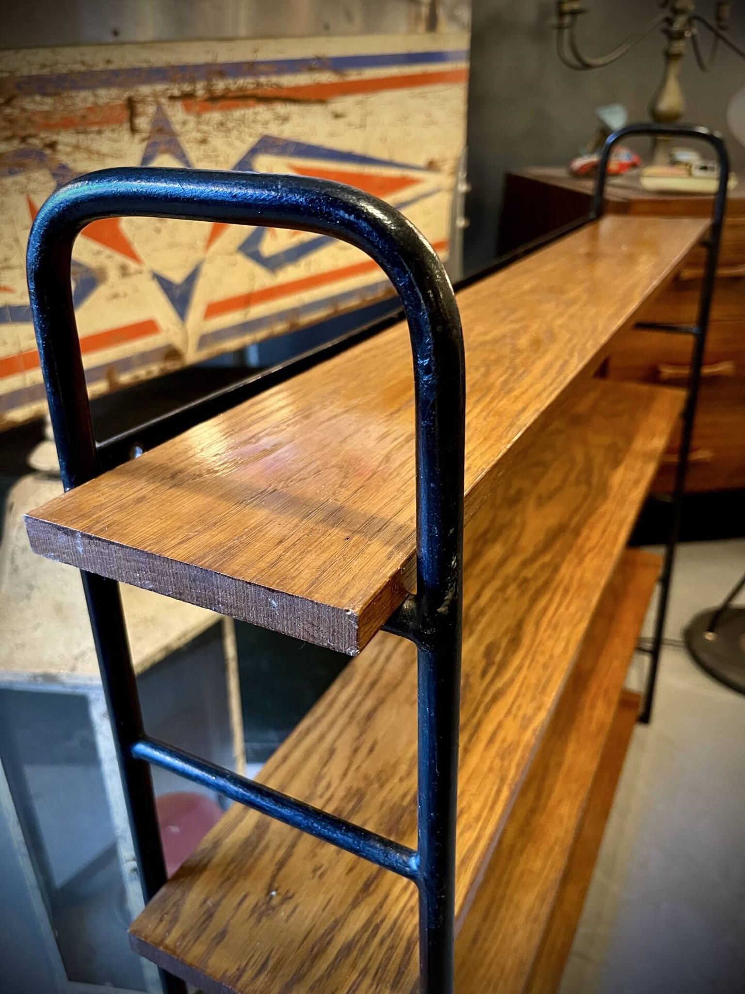 Low freestanding bookshelf in wood and metal, Omnia style – 1960
