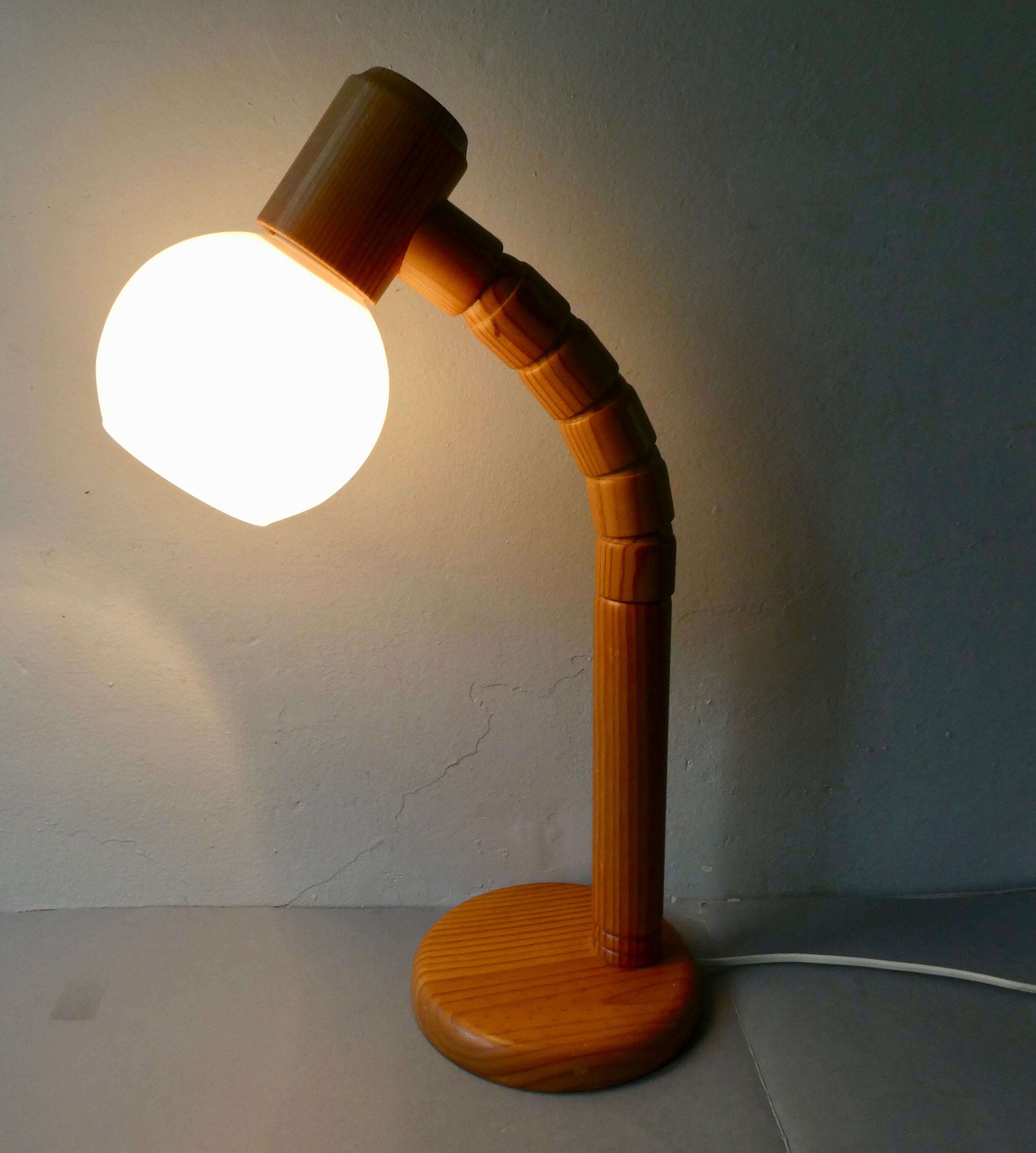 Pine articulated lamp with opaline, Scandinavian style, 70s