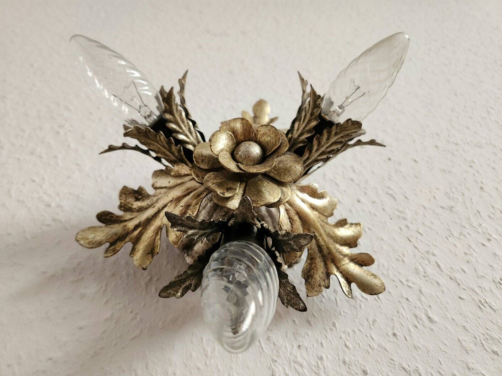 Vintage Florentine floral hand-forged silver-plated 3-light flush mount from Banci Firenze, Italy, Florence 1960s, set of 5