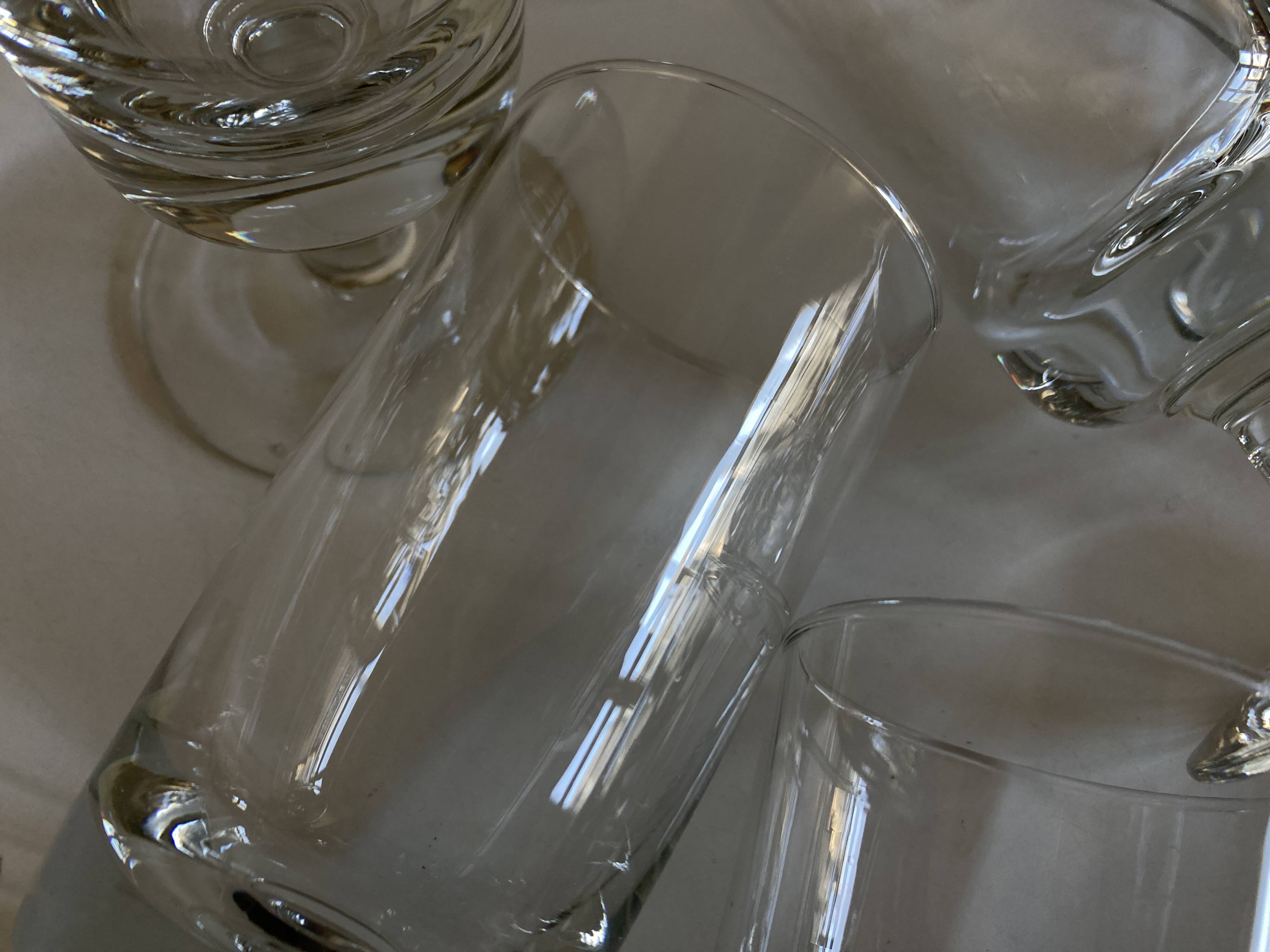 Set of 9 modernist half crystal water wine roller glasses 1960