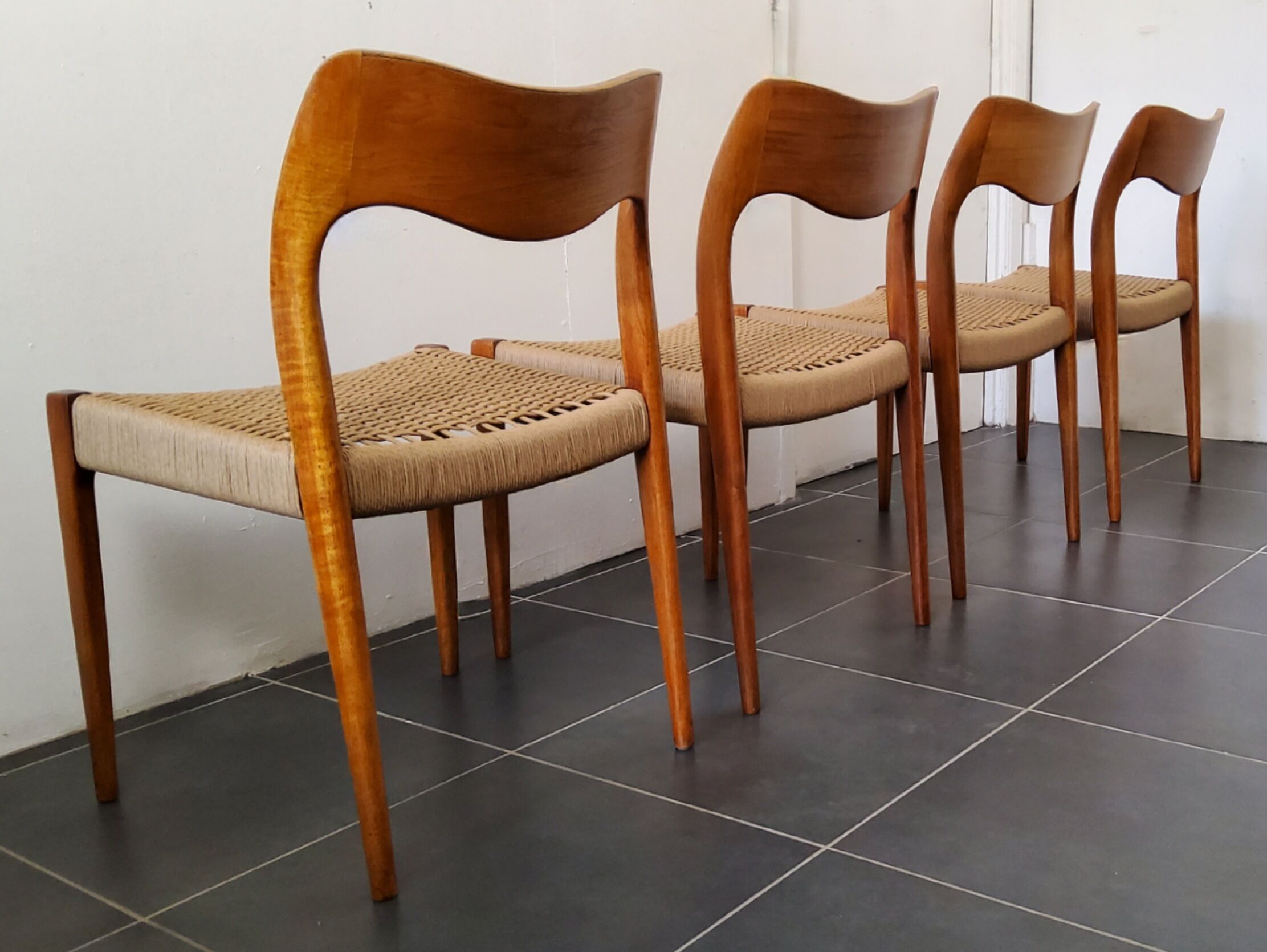 4 Scandinavian chairs by Niels Otto Møller, Danish design, 1950s, wood and rope