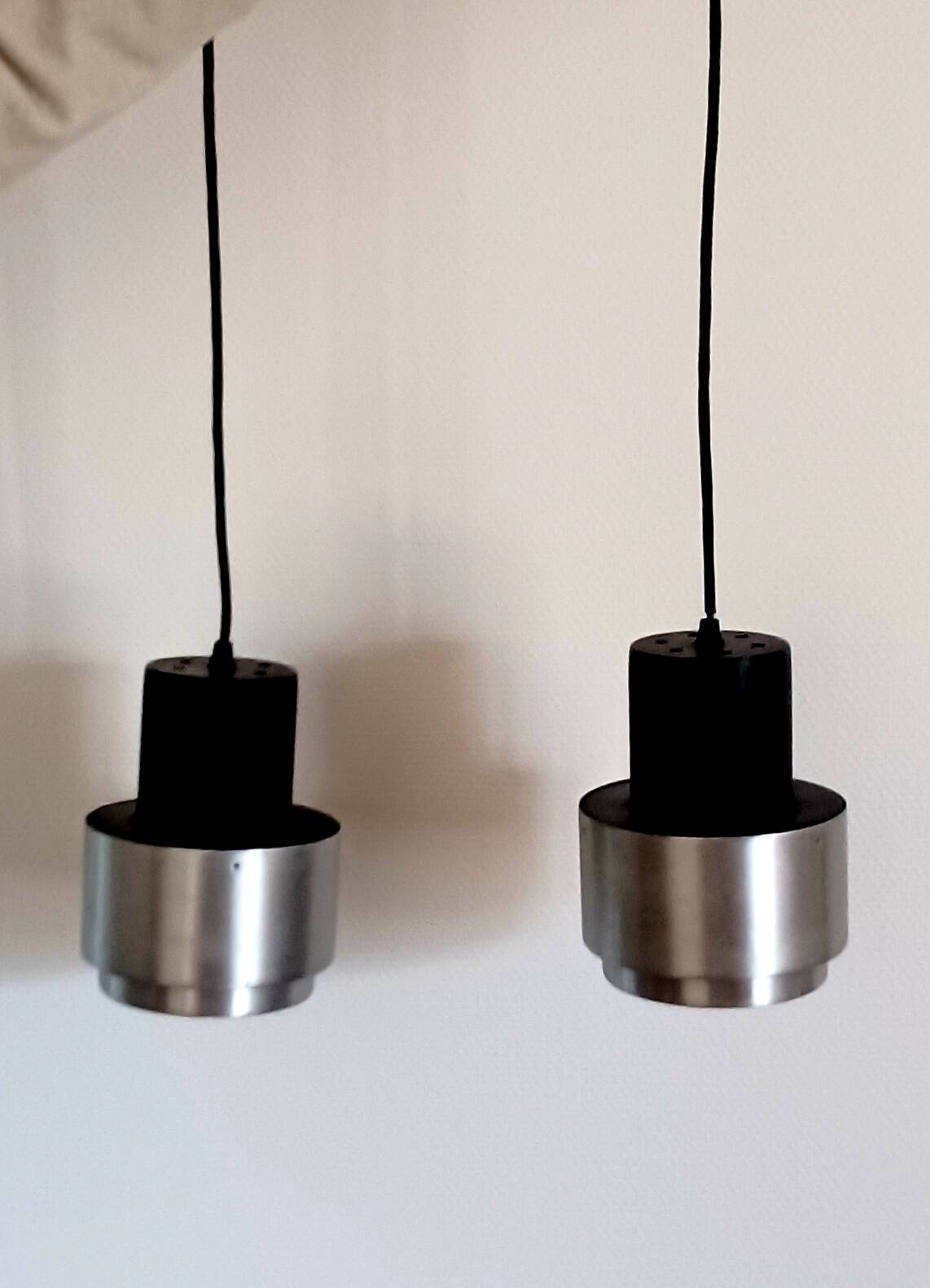 Pair of Space Age pendant lights in brushed stainless steel