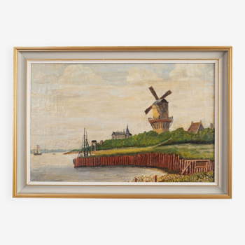 Tableau « Le moulin à vent au-dessus de la marina », design scandinave, années 1970