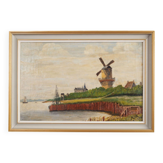 Tableau « Le moulin à vent au-dessus de la marina », design scandinave, années 1970